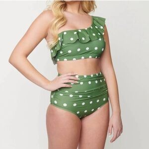 Unique Vintage Green and White Polka Dot High-Waist Ruffle Bikini
